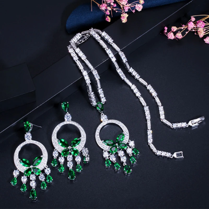 ThreeGraces красивый желтый кубический камень цирконий большие длинные серьги-подвески с бабочками колье ожерелье наборы для женщин Свадьба JS097