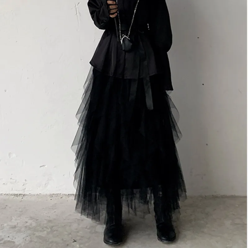New Fashion Spring Personality Pleated Long Skirt High Waist Network Sand Black Skirts Womens ZA2416