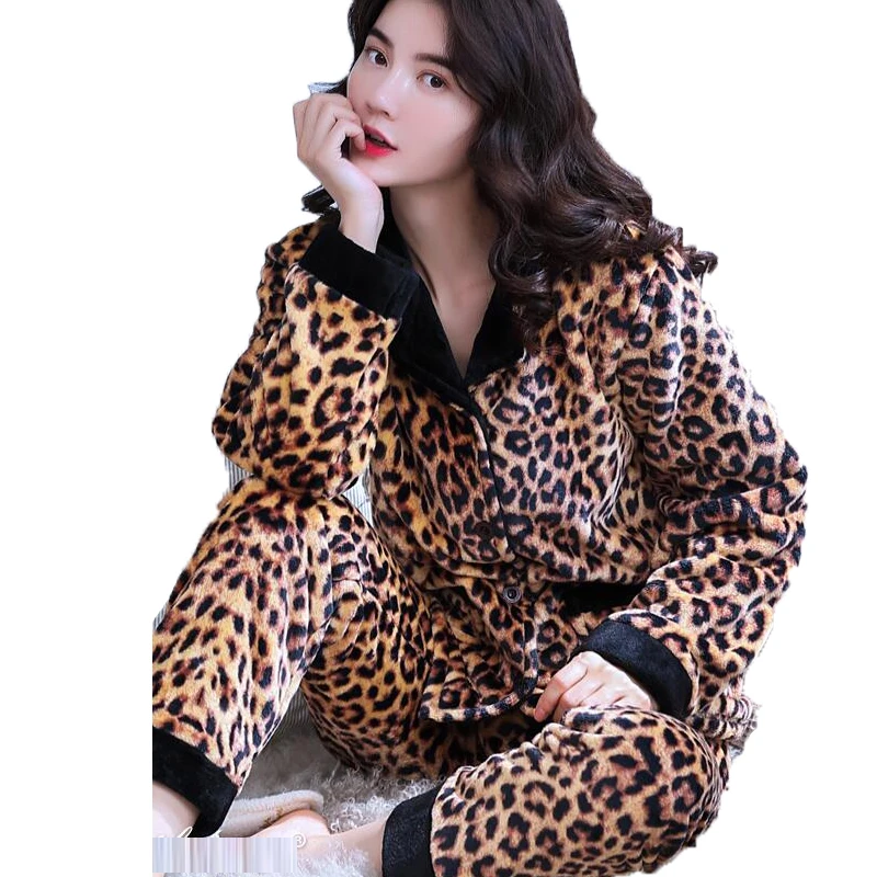 

Leopard Print 2 Piece Pajama Set Women Home Clothes Long Sleeve Coral Velvet Cute Sleepwear Nightwear Women's Pyjamas Loungewear