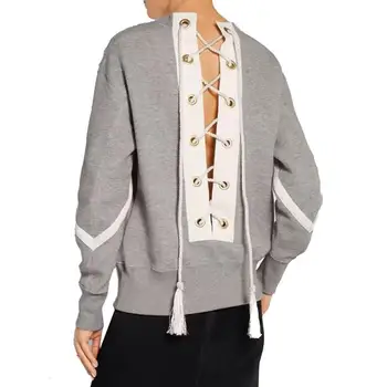 

Fashion 2019 Autumn Women Gray Casual Pullovers O-Neck Patchwork Sweatshirts Long Sleeve Back Lace Up Pullovers