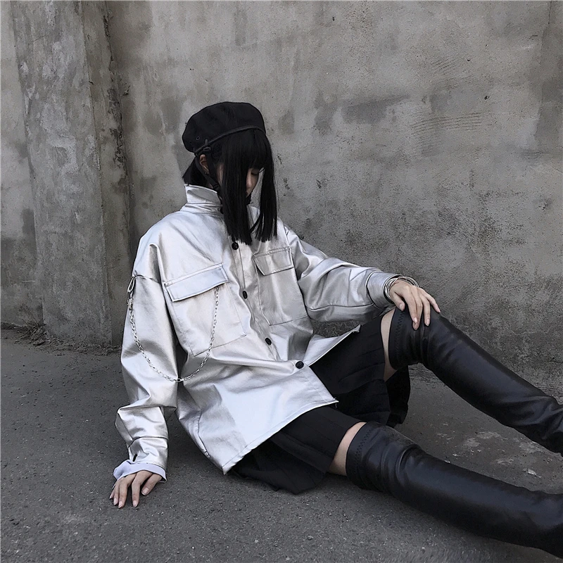 Женская куртка Neploe из искусственной кожи Harajuku, серебряная кожаная верхняя одежда унисекс, мотоциклетная куртка с цепочкой в стиле хип-хоп, кожаные куртки 55462