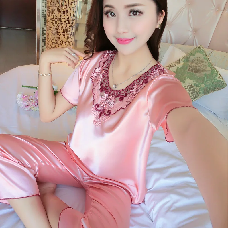 

Pajama Set New Pijama Pyjamas Woman Spring Summer Plus Size Sexy V-Neck Lace Silk Solid Home Sleepwear Suit Short sleeve Pajamas