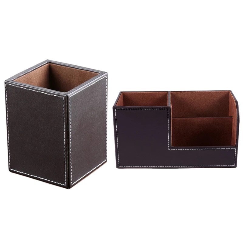 

2 Pcs Brown PU Leather Container Box : 1 Pcs Office Desktop Organizer with 3 Divided Storage Compartments & 1 Pcs Square Pens Pe