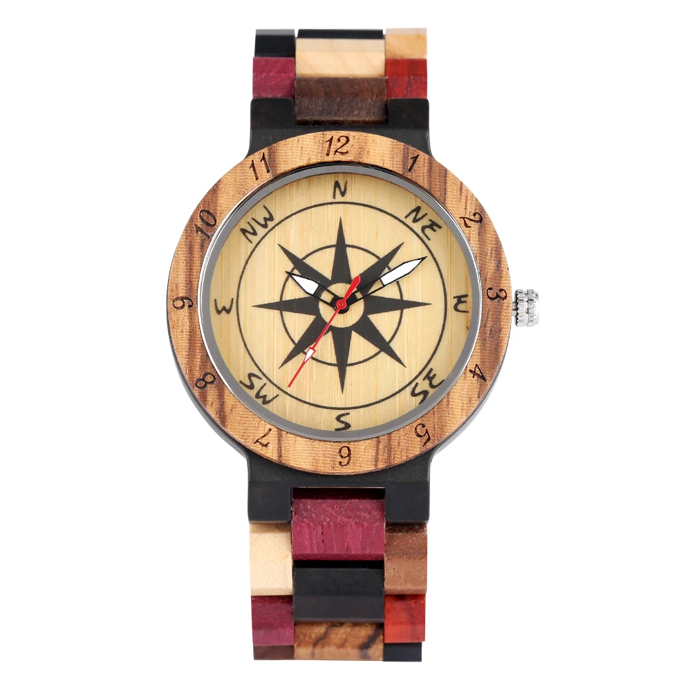 

Men Wooden Watch Luminous Pointers Quartz Women Wood Watches Campass Pattern Design Male Timepieces Clock reloj hombre 2019