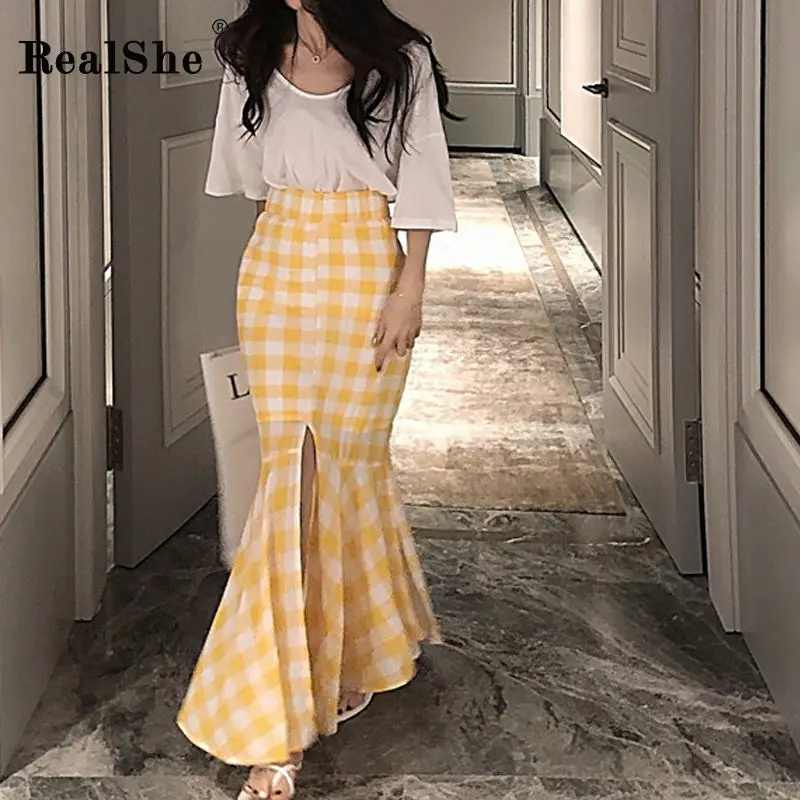 RealShe хит 2019 женские юбки клетчатые с высокой талией и оборками повседневные