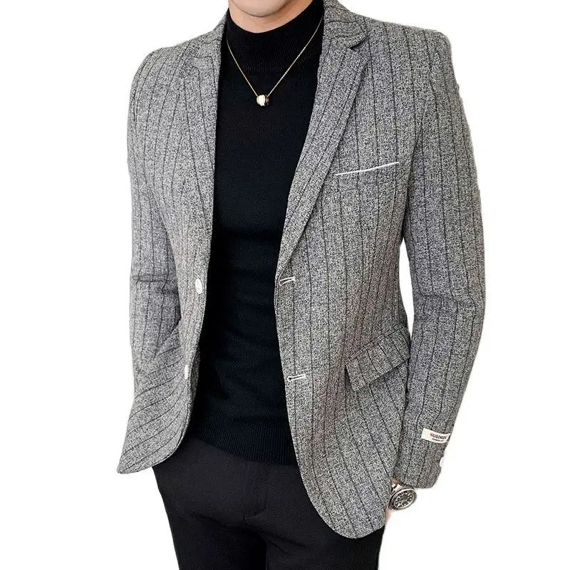 

2021Autumn Korean style small suit men's casual large size single western coat slim striped small suit