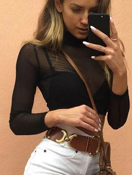 

women crew neck solid sheer top mesh see through shirts top mujer