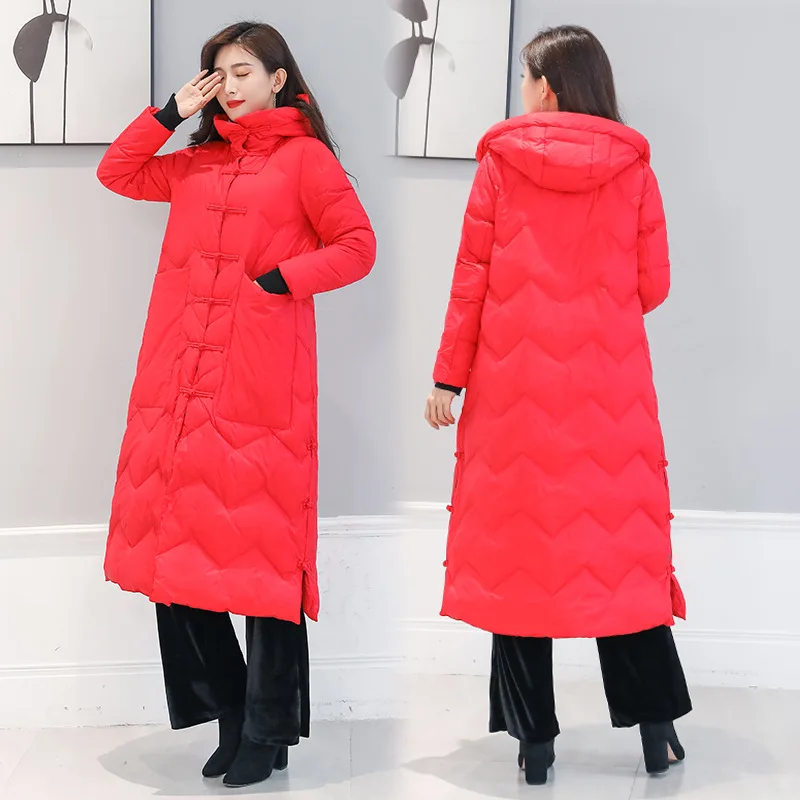 

De1826 @ New Style Photo Shoot Ethnic-Style Large Size Frog over-the-Knee Long down Jacket Waist Hugging Slimming Winter WOMEN'S