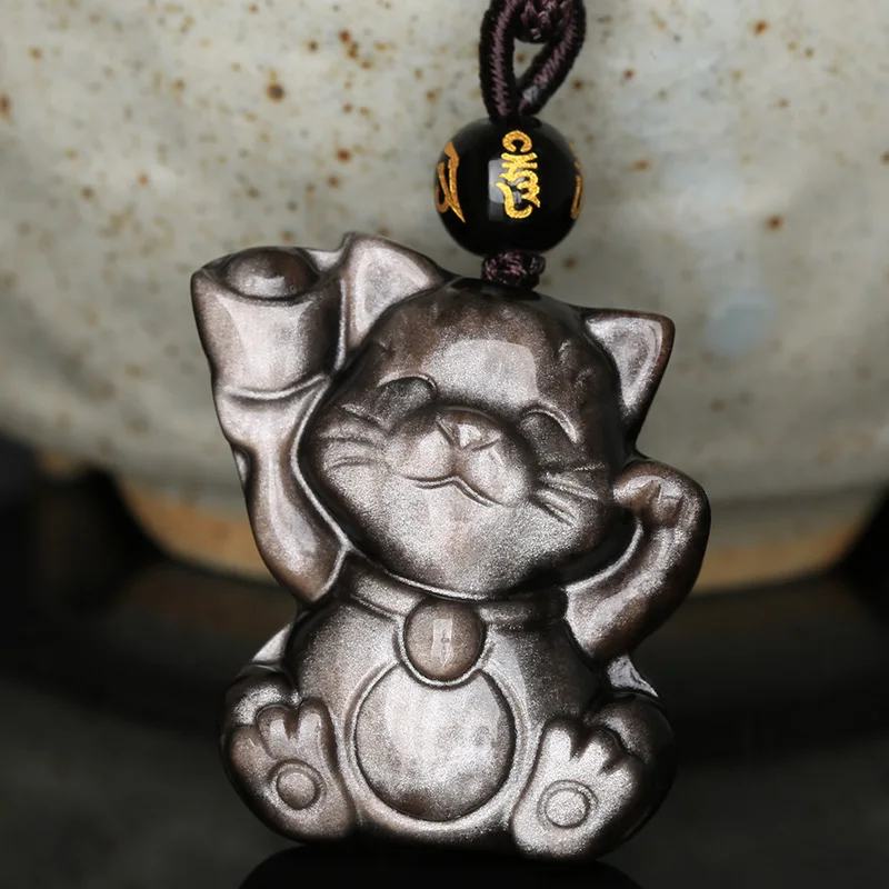 Кулон с котом на удачу мужской кулон из натурального серебра обсидианским