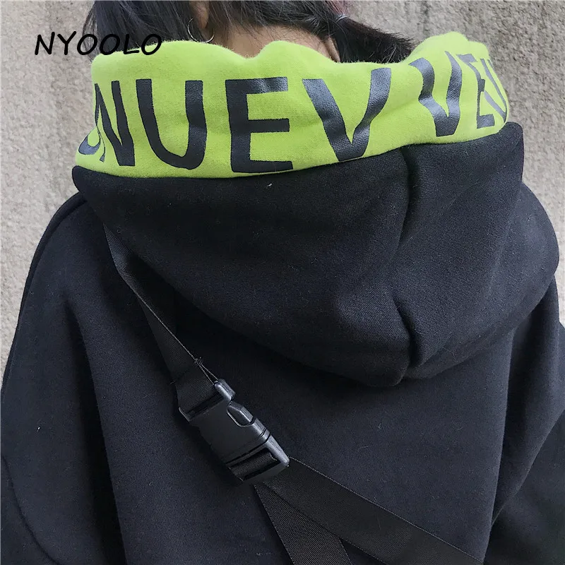 NYOOLO повседневные уличные с буквенным принтом поддельные из двух частей Лоскутные толстовки осень зима с капюшоном пуловеры утолщенная теплая Толстовка для женщин