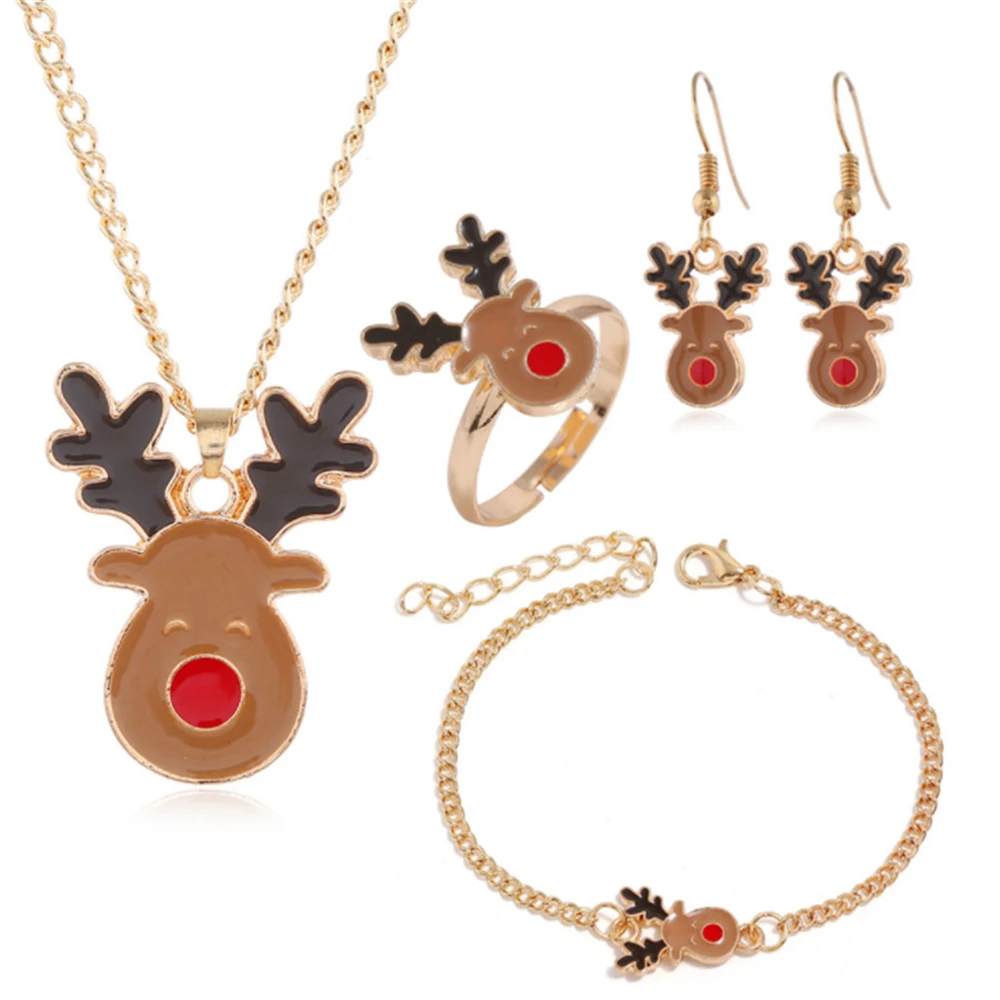 Модный Рождественский ювелирный набор для женщин и девочек, Рождественский Санта-Клаус, колокольчик, ожерелье «Олень», серьги, браслет, кольцо, вечерние подарки - Окраска металла: E