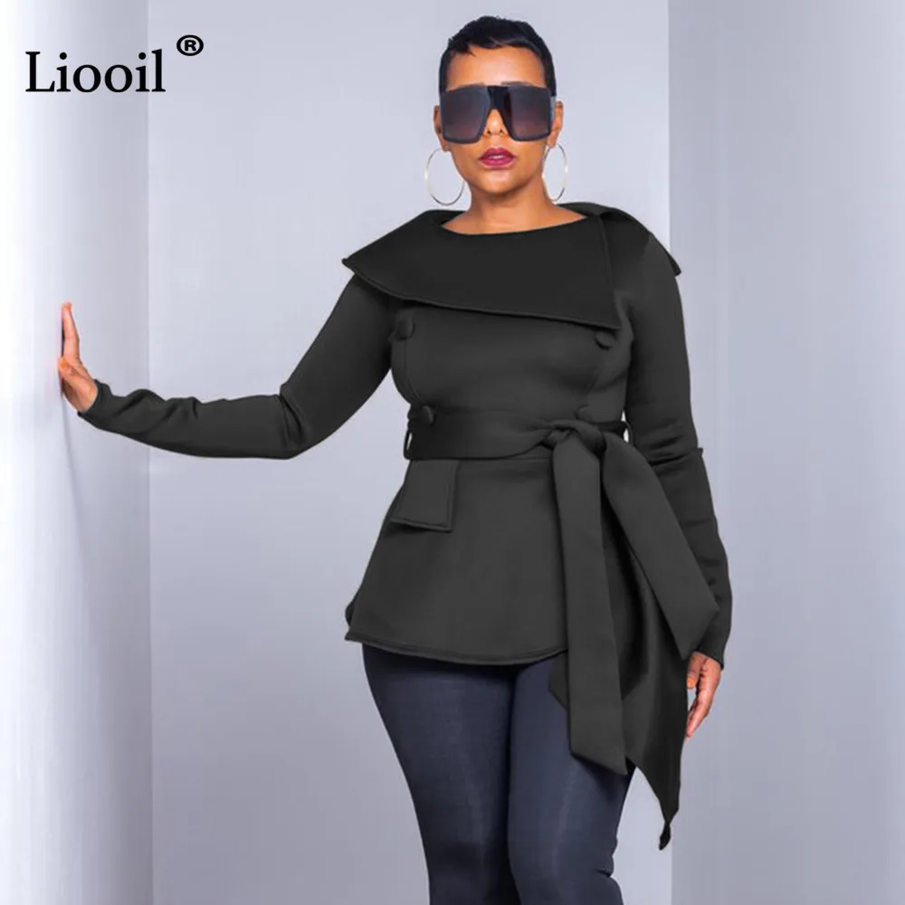 Liooil Sexy Bodycon Lace Up Blouse Shirt Top Autumn Winter Asymmetrical Long Sleeve O Neck Casual Womens Tops And Blouses
