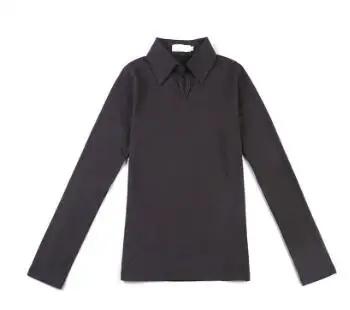Dark gray Бутик Женская мода осень корейский Тонкий лацкане большой размер стрейч хлопок длинный рукав футболка логотип на заказ - Цвет: Dark gray