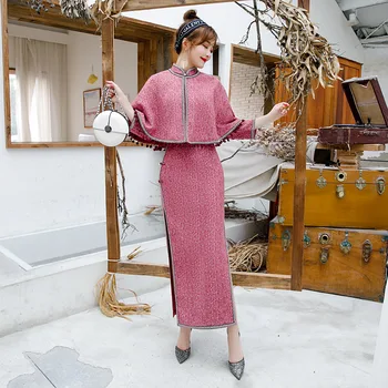 

Chinese Cheongsam Dress Pink Modern High Quality Qipao Sexy Slim Dress Women Plus Size Chinese Style Long Cloak Elegant Dress