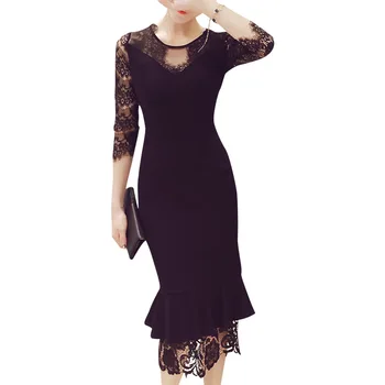 

Autumn Korean Lace Dresses Women Winter Fashion Party Dress 3/4 Lace Sleeve Fishtail Slim Bodycon Mid-long Dress NS1400