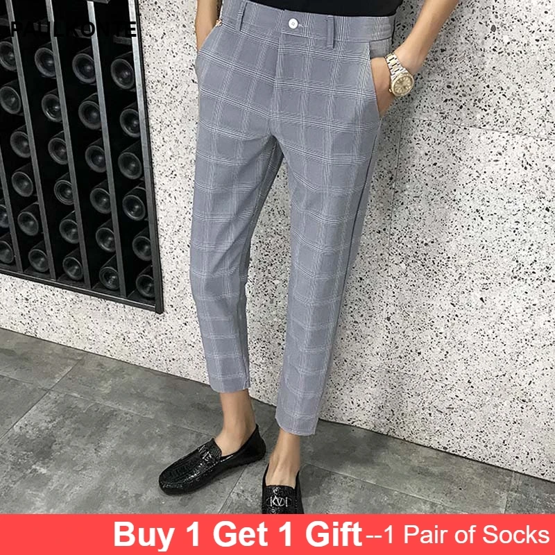 2019 New Summer Men'S Business Casual Nine Pants Pants Groomsmen Party Host Must-Have Versatile Men'S Plaid Trousers