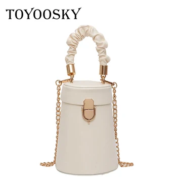 

TOYOOSKY Mini Cylinder Shaped Shoulder Crossbody Bags For Women Fashion White PU Leather Pleated Handbag Chain Small Bucket Bag