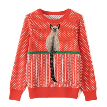 

Korean Style Girl's Sweater Dot Plaid Spring Autumn Fashion Cute Cartoon Squirrel Pattern Women Pullover Round Neck Pull Jumper
