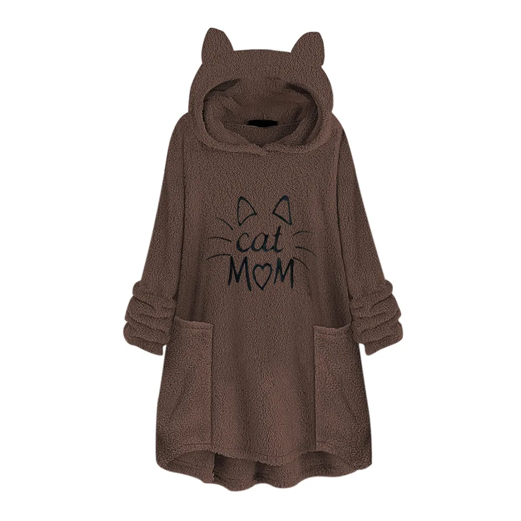 Повседневная теплая флисовая женская толстовка с капюшоном с надписью «Mom Cat» и свитерами, Женский пуловер с капюшоном и ушками, большой карман, Женский пуловер