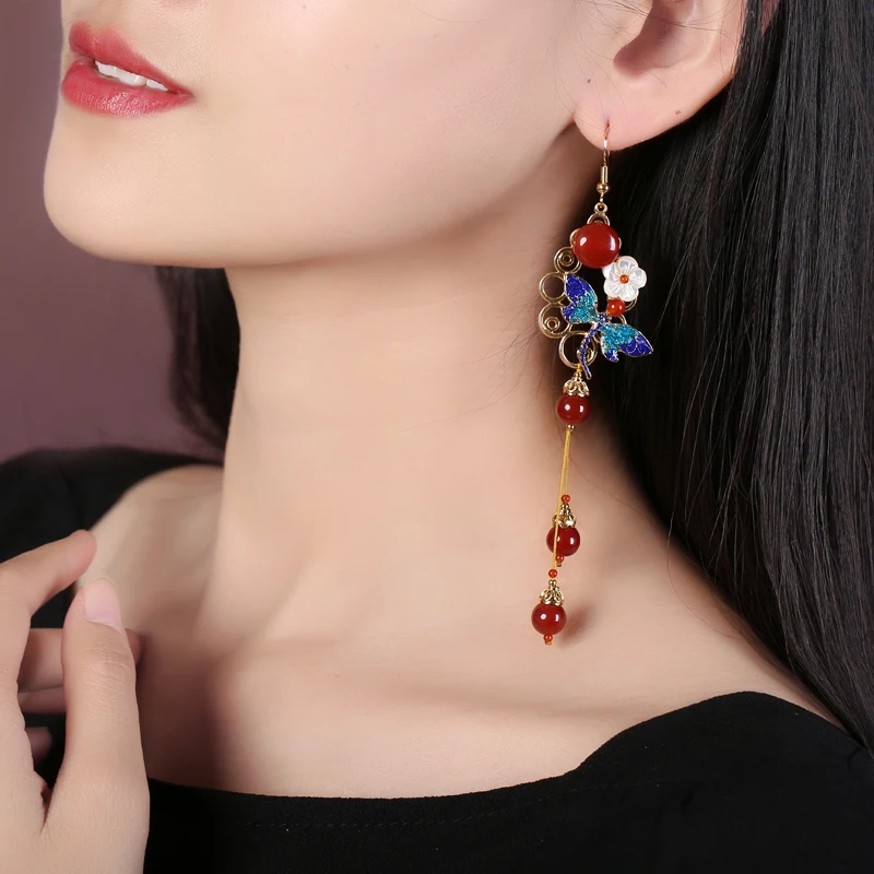 Chinese palace style vintage 925 silver pin Cloisonne red stone tassel earrings for full dress cheongsam Martial arts decoration