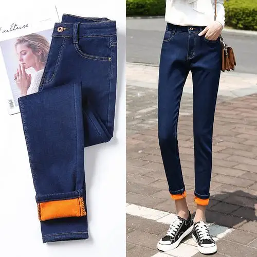 Женские зимние вельветовые утепленные джинсы размера плюс с высокой талией, облегающие узкие брюки длиной до щиколотки - Цвет: blue 1819