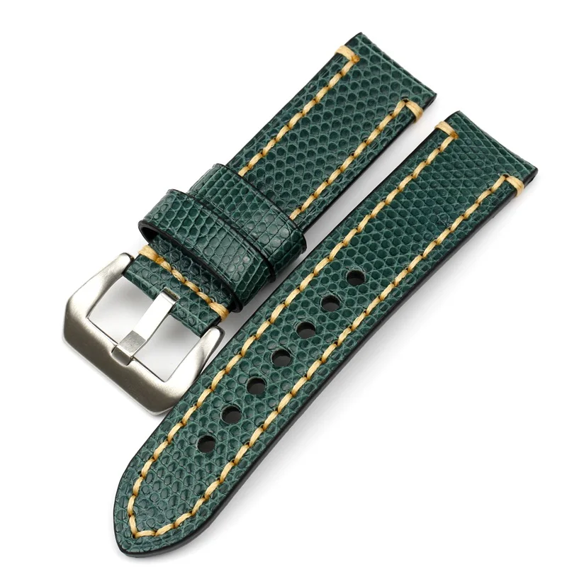 green sliver buckle PSTARY Кожа Ящерицы ручной работы для PAM111 20 мм 22 мм 24 мм синий зеленый кожаный мужской ремень - Цвет ремешка: green sliver buckle