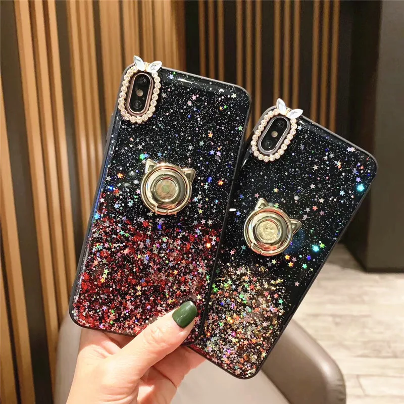 

case for iPhone 11 XR 7 8 11 Pro Max X XS Max Plus 6 6s cover Gradient glitter little bear Finger ring soft case