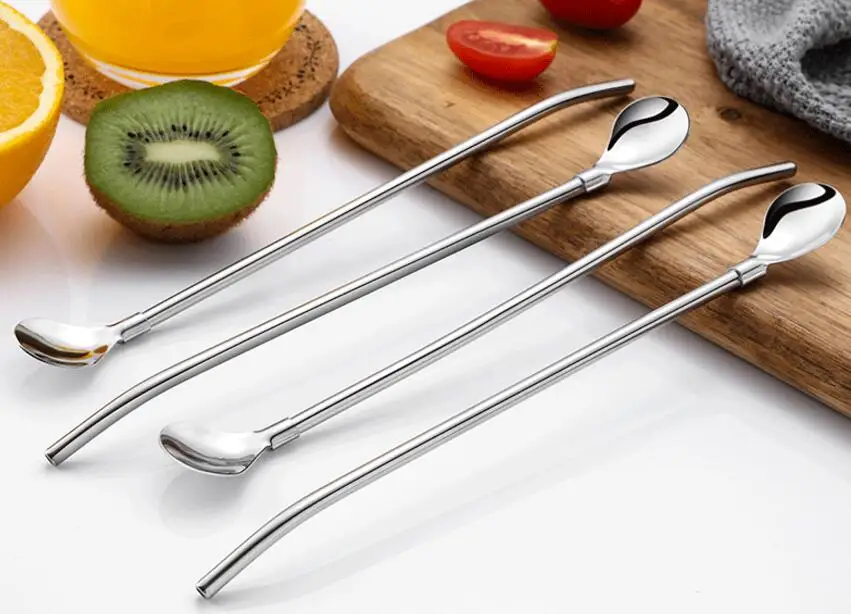 50 Pcs/lot Creative Drinking Straws Spoon Stainless Steel Drinking Straw Cocktail Stirring Spoon Bar Milk Powder Mixing