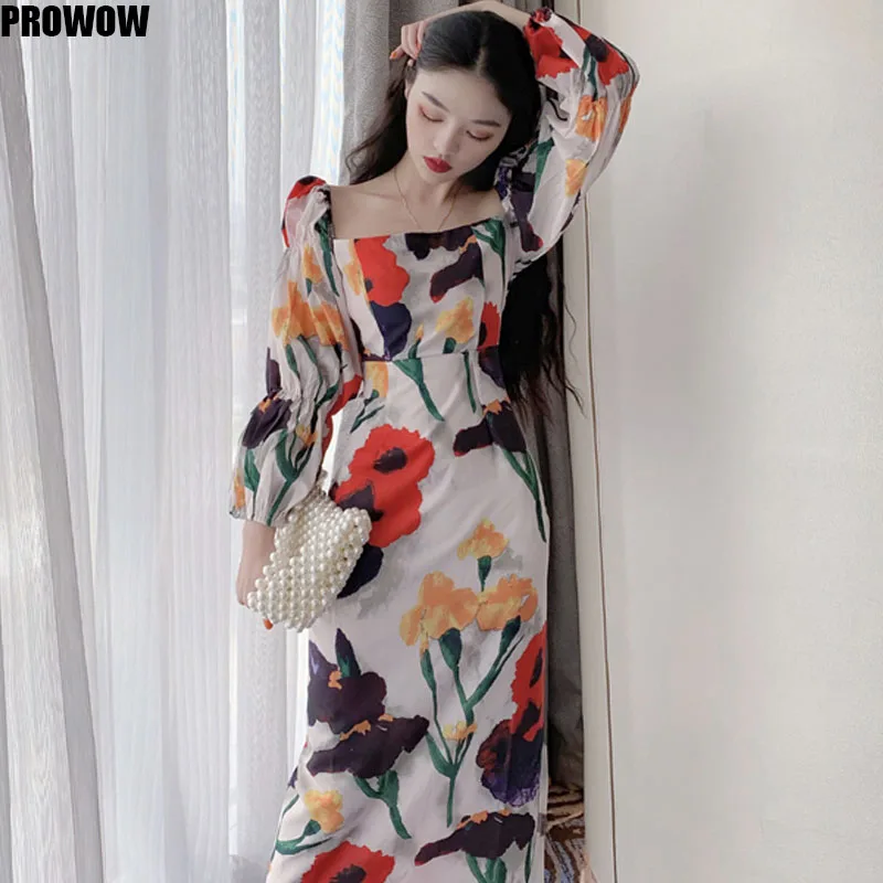 2020 Summer New Elegant Fashion Square Collar Lantern Sleeve Dress Women Flower Print High Waist Vintage Dresses