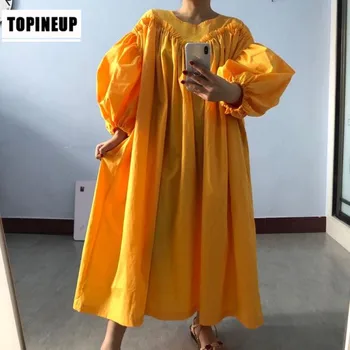 

1472020 Summer New Design Popular Korea Style Loose Lovely Large Puff Full Sleeve Long Dress Solid Color Round Neck Dresses