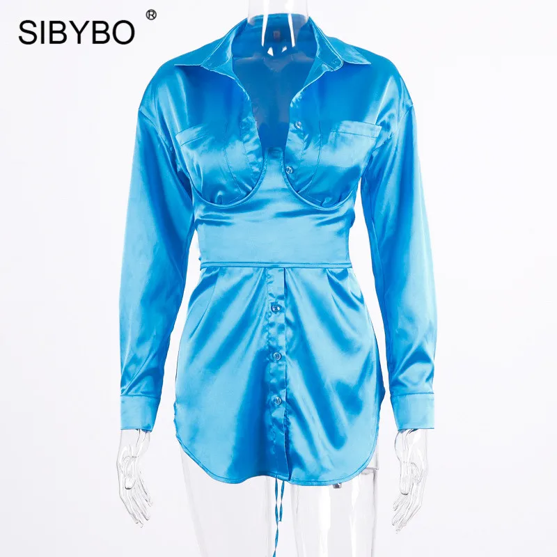 As Shown SIBYBO осеннее мини-платье-рубашка с длинным рукавом женское платье с воротником-стойкой асимметричное сексуальное облегающее платье однотонное элегантное вечернее платье - Цвет: As Shown