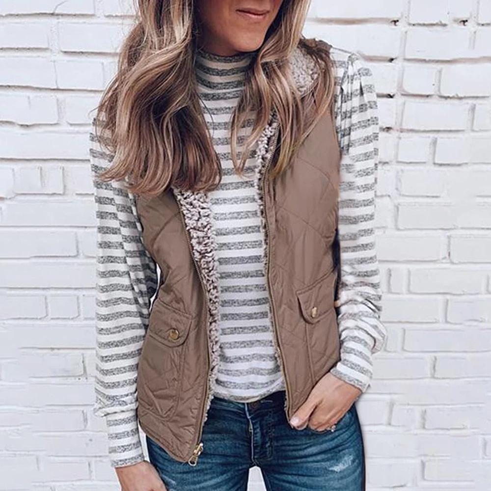 

CALOFE Women Two-Way Fluffy Reversible Windproof Vest Coat Thicken Warm Pocket Waistcoat Jacket 2019 Lady Sleeveless Outwear
