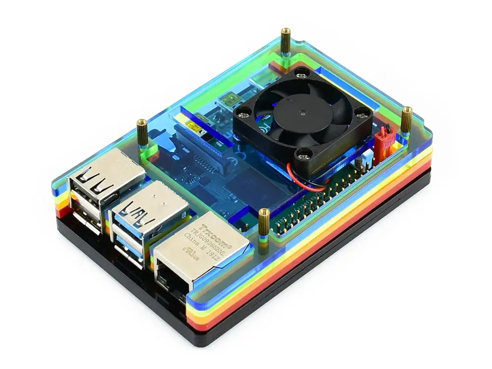 Waveshare акриловый чехол для Raspberry Pi 4 с охлаждающим вентилятором цветной Радужный черный/белый цвет