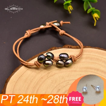 

GLSEEVO Fresh Water Black Pearl 2 Layer Cowhide Rope Leather Bracelet For Women Girl Minimalist Fine Jewelry Bransoletka GB0162