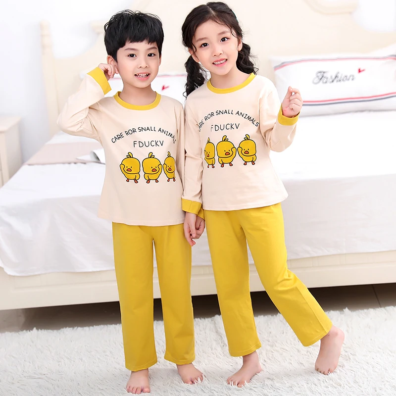 100 cotton pajamas for kids Baby Boys Sleepwear sets autumn Girls Long Sleeve Cartoon Pyjamas Children's home Clothes 3-13T