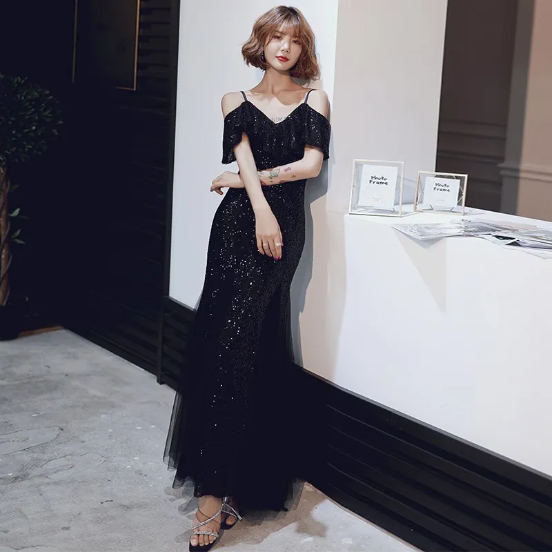 It's YiiYa Formal Dress V-Neck Short Sleeve Spaghetti Strap Women Party Dresses Mermaid Sequined Solid Robe De Soiree K116