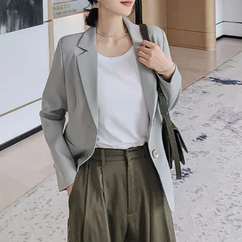 

HOT 2020 Gray Casual Blazer Jacket Women Casual Streetwear Young Girl Office Blazers Fashion Black Jackets Coat Work Basic Tops