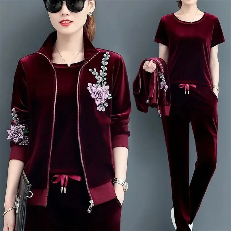 Women Velvet Tracksuits 2021 Print Hooded Jacket+Trousers Three Sets Gold Sportswear Suit Plus Size 4XL Female Pants Set |