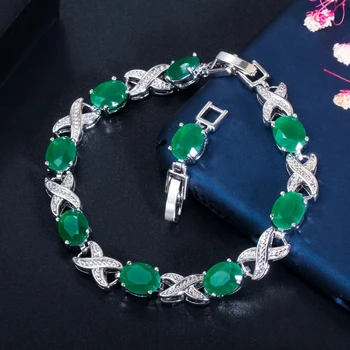 

CWWZircons 2020 New Trendy Jewelry Elegant X Cross Oval Green CZ Crystal Ladies Party Tennis Bracelet with Extender CB210