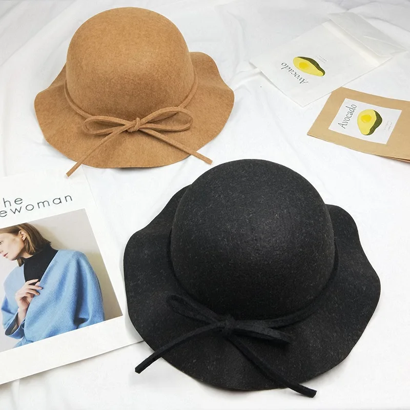 

Korean-style Frilled Woolen Bucket Hat Lace-up Bow Wave Eaves Small Ceremony Hat Cool GIRL'S England Elegant Topee