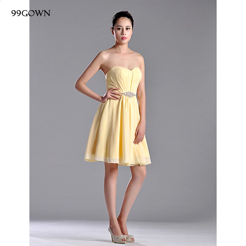 99GOWN, свадебное платье для женщин, простое желтое шифоновое мини платье с открытыми плечами, расшитое бисером и блестками для подружки невесты