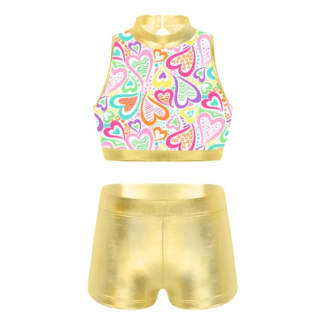 Sequins Kids Girls Jazz Dance Costumes Ballet Gymnastics Leotard Shorts Set for Birthday Gift Ballet Class Performance Clothes Yellow