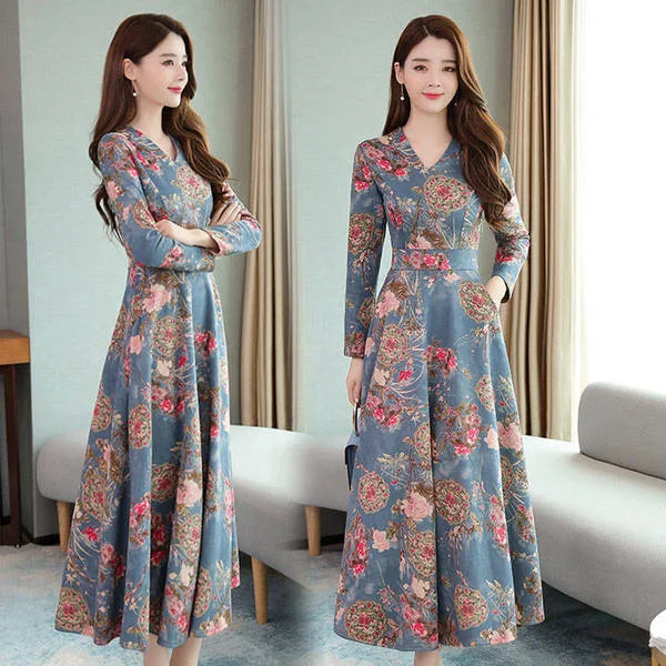 

Long Sleeve V-neck Dress Women's 2019 Autumn Clothing New Style Waist Hugging Elegant Slimming by Age Mid-length Skirt