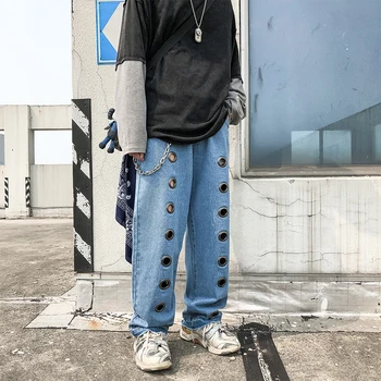 

Men Streetwear Hip Hop Iron Ring Hole Straight Harem Jeans Male Women Fashion Gothic Loose Casual Denim Trousers Cowboy Pants