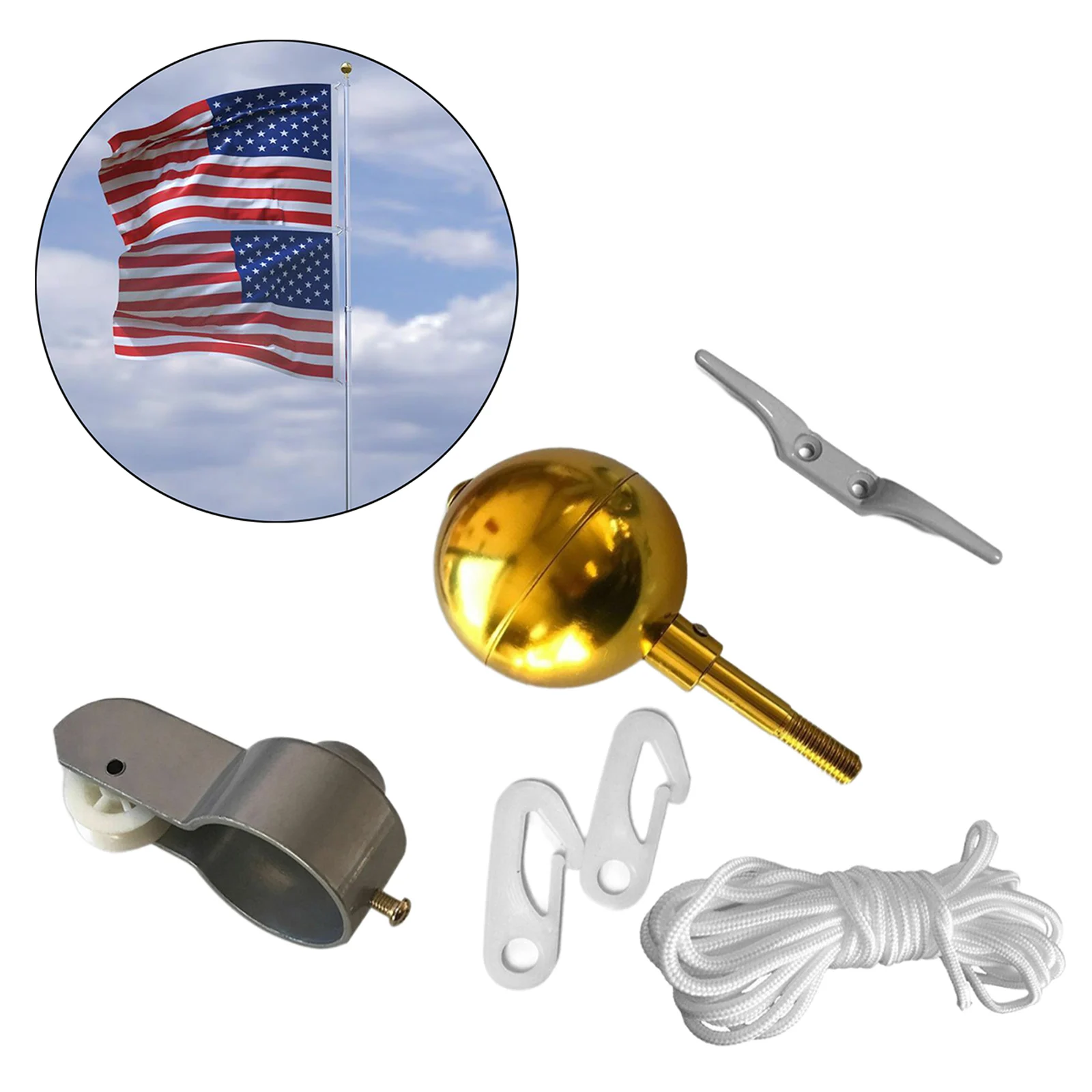 Flag Pole Hardware Repair Kit 3" Ball Top Ornament Cleat Hook 4 Snap Hooks, images - 6