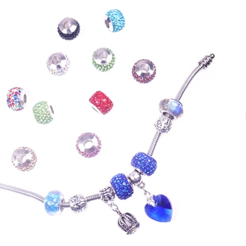 

2pcs/lot 13mm Metal Beads Silver Plated Brass Core Large Hole Crystal European Beads Resin Charm Bracelets Rhinestone