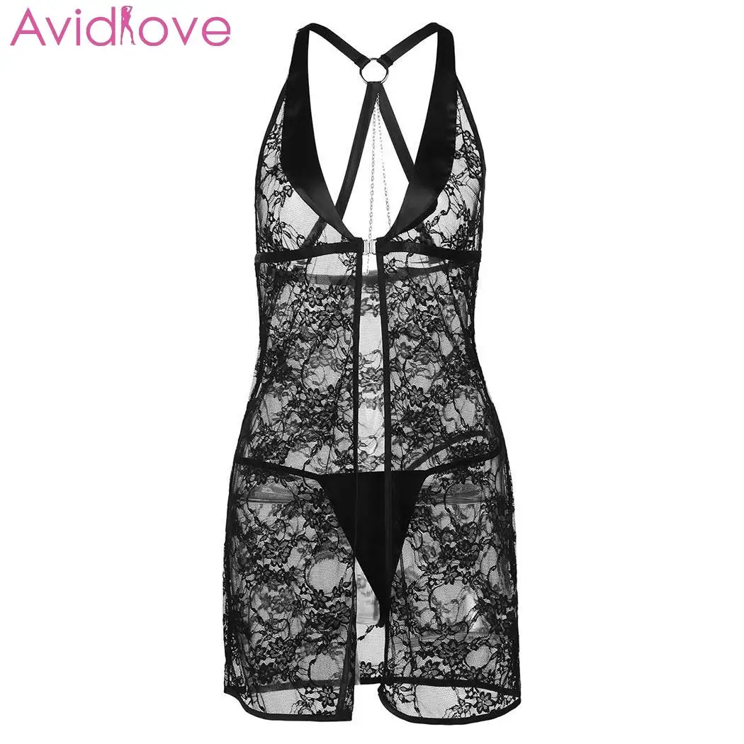 Women Sexy Nightdress V Neck Sleeveless Patchwork Perspective Backless Nightdresslingerie Sets 