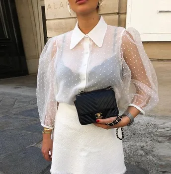 

White Mesh Sheer Blouses Women See-through Long Sleeve Tops Fashion Pearl Button Transparent Shirt Female Blusas