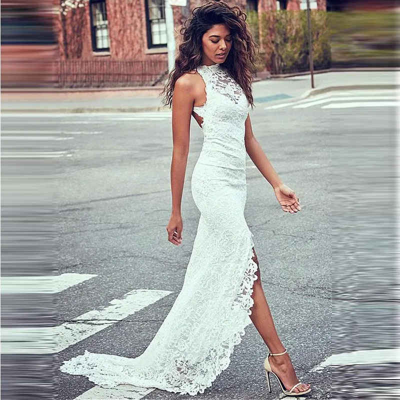 

Nice Summer Sleeveless O-Neck Elegant Lace Dress Women White Sexy Backless Maxi Dress Party Split Slim Dress