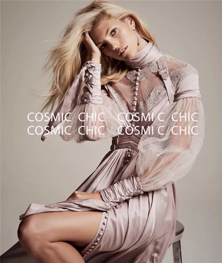 Cosmicchic Подиум Высокое качество точка кружево лоскутное платье макси с длинным рукавом Высокая талия бант воротник Ретро дворцовые вечерние платья